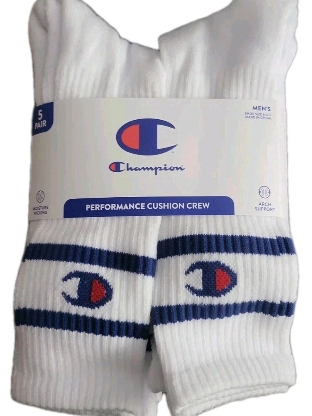 Champion Men's Performance Cushion Crew White Socks 5 Pairs Size 6-12.5